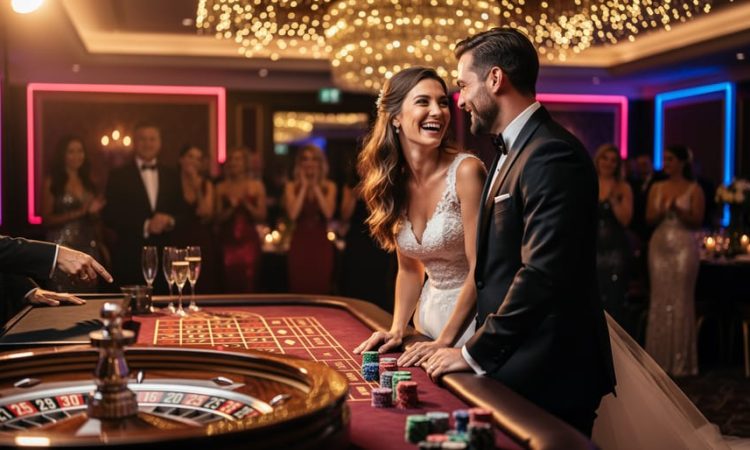 Bride and groom laughing together beside a roulette table at a casino-themed wedding reception, with warm dramatic lighting, soft-focus guests, dealer’s hands, champagne flutes, and bokeh string lights in the background.