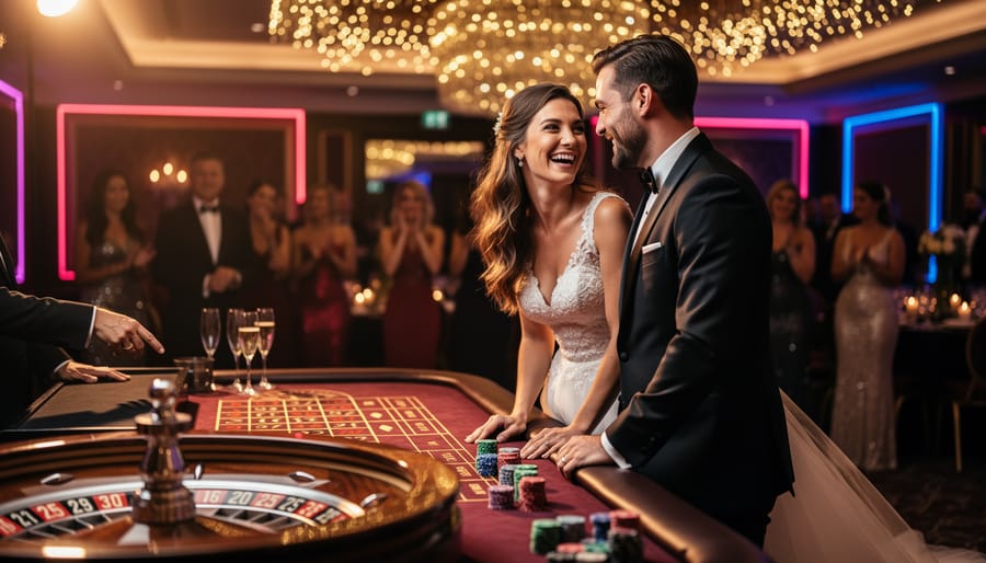 Bride and groom laughing together beside a roulette table at a casino-themed wedding reception, with warm dramatic lighting, soft-focus guests, dealer’s hands, champagne flutes, and bokeh string lights in the background.