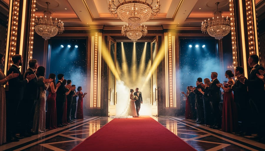 Bride and groom making dramatic grand entrance with spotlights and elegant casino-themed staging