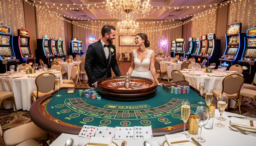 Elegant casino-themed wedding reception with poker table, ambient lighting, and guests celebrating in background