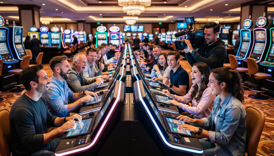 Bride and groom laughing together at roulette table with dealer during casino-themed wedding reception