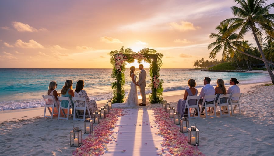 Couple on pristine Caribbean beach at sunset with turquoise water and palm trees