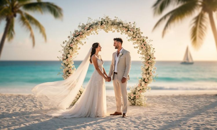 Couple in wedding attire holding hands under a floral arch on a white-sand Caribbean beach at sunset, with turquoise water, palm silhouettes, and a faint sailboat in the background