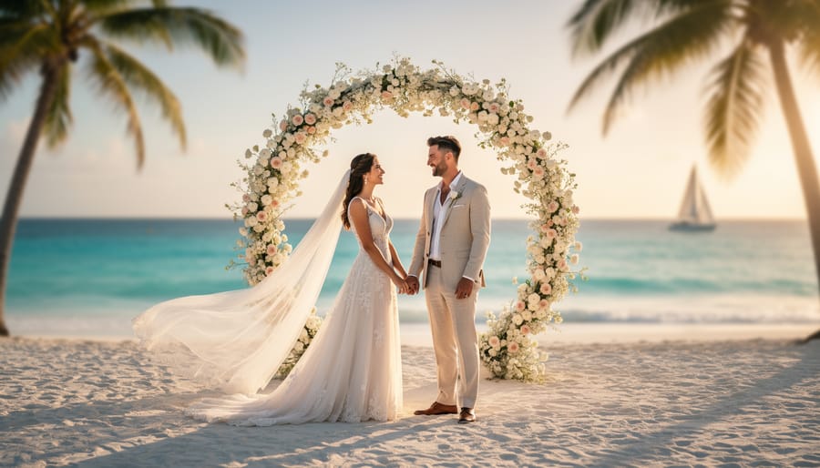 Couple in wedding attire holding hands under a floral arch on a white-sand Caribbean beach at sunset, with turquoise water, palm silhouettes, and a faint sailboat in the background
