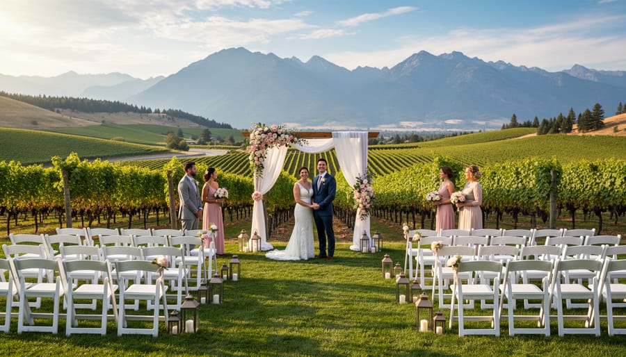 Wedding couple overlooking Okanagan Valley vineyards and lake at sunset