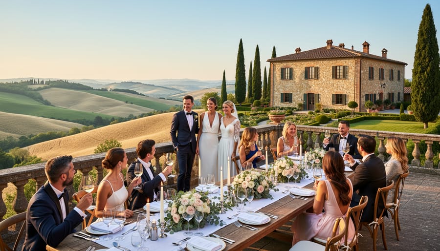 Scenic Tuscan countryside with vineyard rows, cypress trees and Italian villa on hilltop