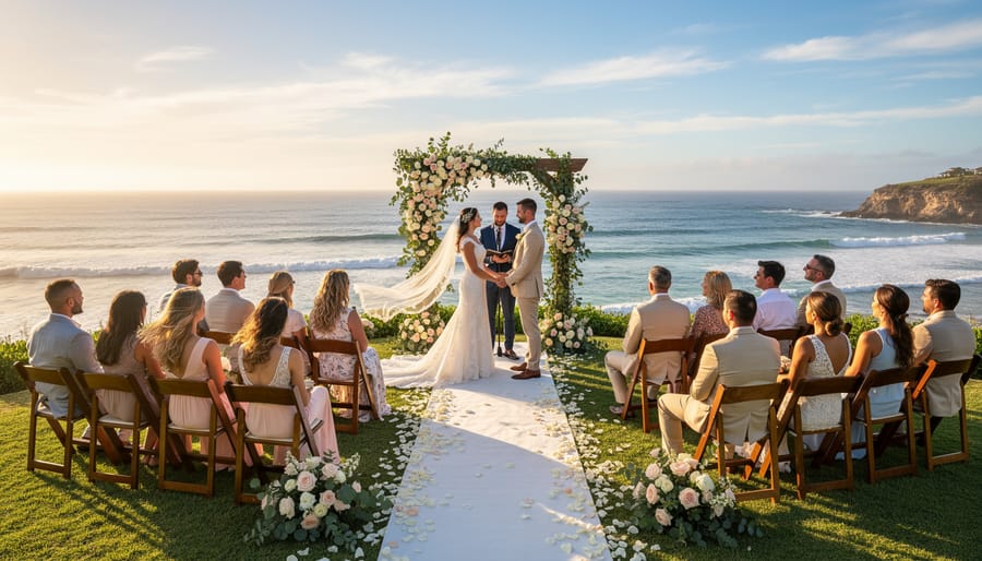 Couple holding hands on a resort beach during golden hour with a softly blurred wedding arch in the distance