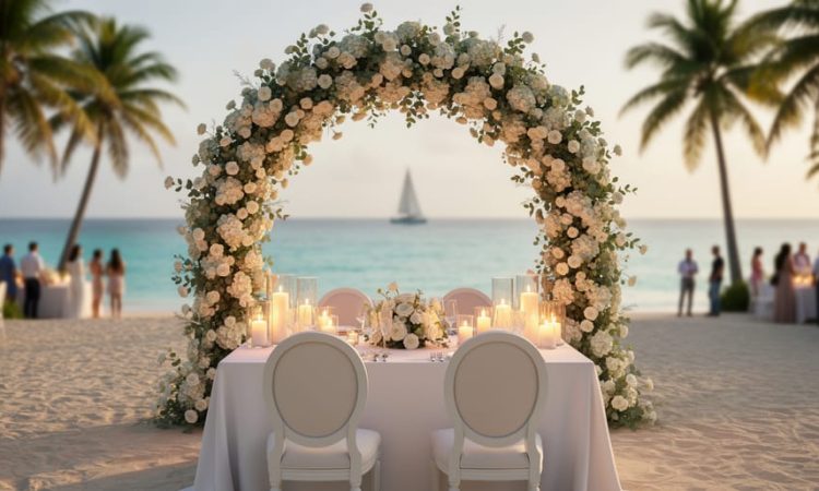 Destination wedding at a tropical ocean resort with a floral ceremony arch, candlelit reception table, and warm sunset lighting.