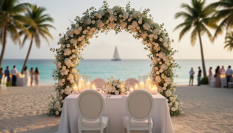 Destination wedding at a tropical ocean resort with a floral ceremony arch, candlelit reception table, and warm sunset lighting.