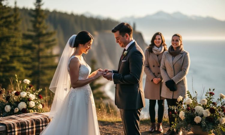 Outdoor Canadian wedding ring exchange at golden hour with the couple in formal attire and guests in the background, set against natural scenery.