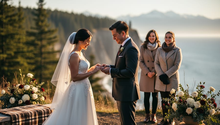 Outdoor Canadian wedding ring exchange at golden hour with the couple in formal attire and guests in the background, set against natural scenery.