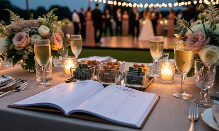 Wedding reception table with small glass bowls of hemp THC gummies, elegant drinks, and floral centerpieces in a warmly lit evening setting.