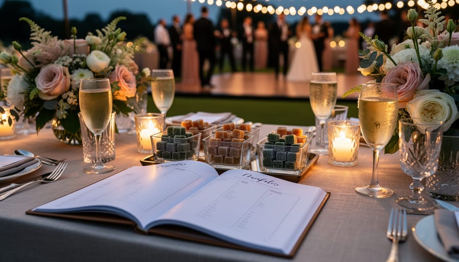 Wedding reception table with small glass bowls of hemp THC gummies, elegant drinks, and floral centerpieces in a warmly lit evening setting.