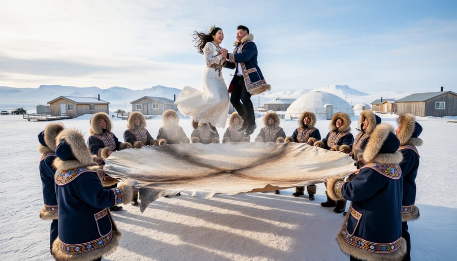 Newlyweds lifted on a sealskin blanket during a joyful Inuit wedding celebration with family cheering in the background