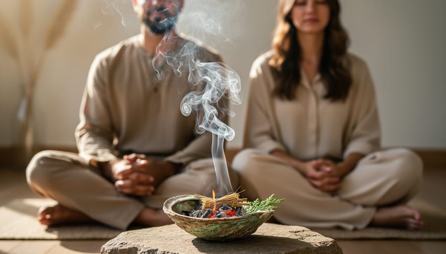 Sweetgrass smoldering in an elder’s hands during an Indigenous smudging ceremony while the wedding couple stands in soft focus behind