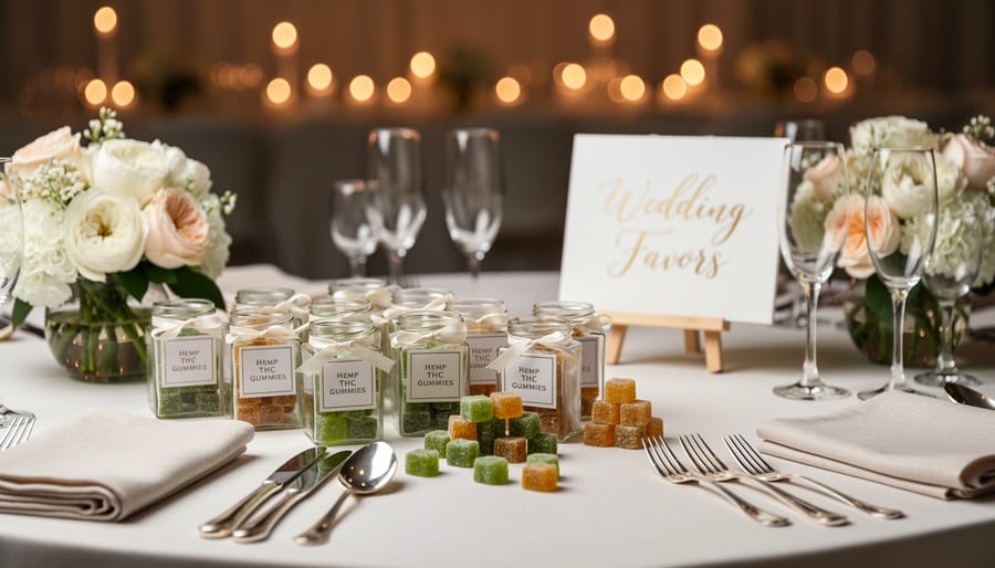 Wedding favor table with small apothecary jars holding hemp-derived THC gummies and ribbon accents