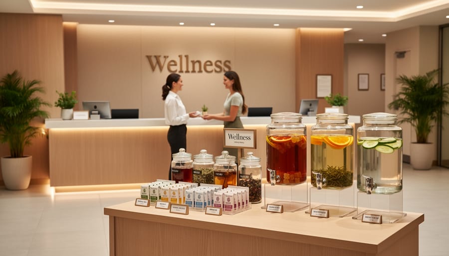 Wedding reception wellness station with unlabeled gummy gift bags and water pitchers, with guests blurred in the background
