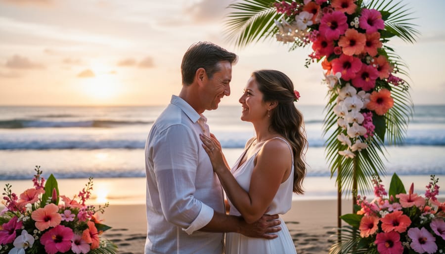 Wedding ring being placed on a bride’s finger during a beachfront ceremony in Costa Rica.