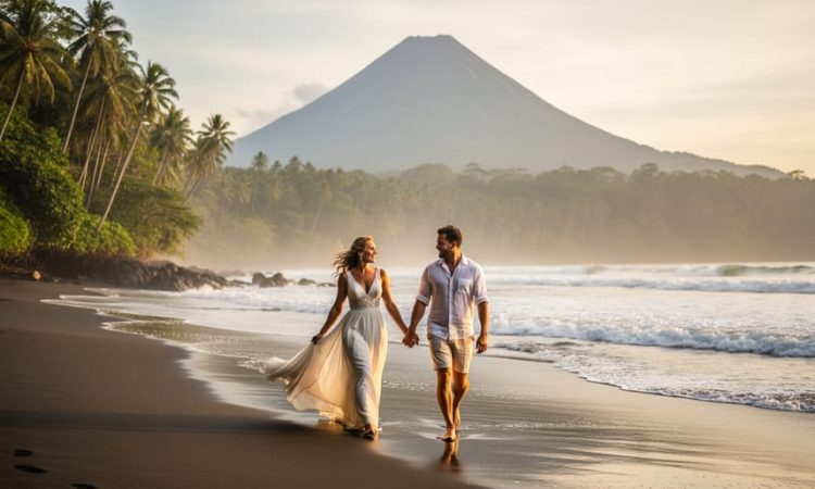 “A wedding couple walking hand-in-hand on a Costa Rica beach at golden hour with tropical rainforest and a distant volcanic silhouette in the background.”