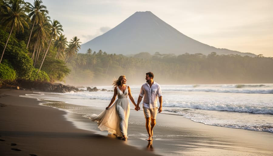 “A wedding couple walking hand-in-hand on a Costa Rica beach at golden hour with tropical rainforest and a distant volcanic silhouette in the background.”