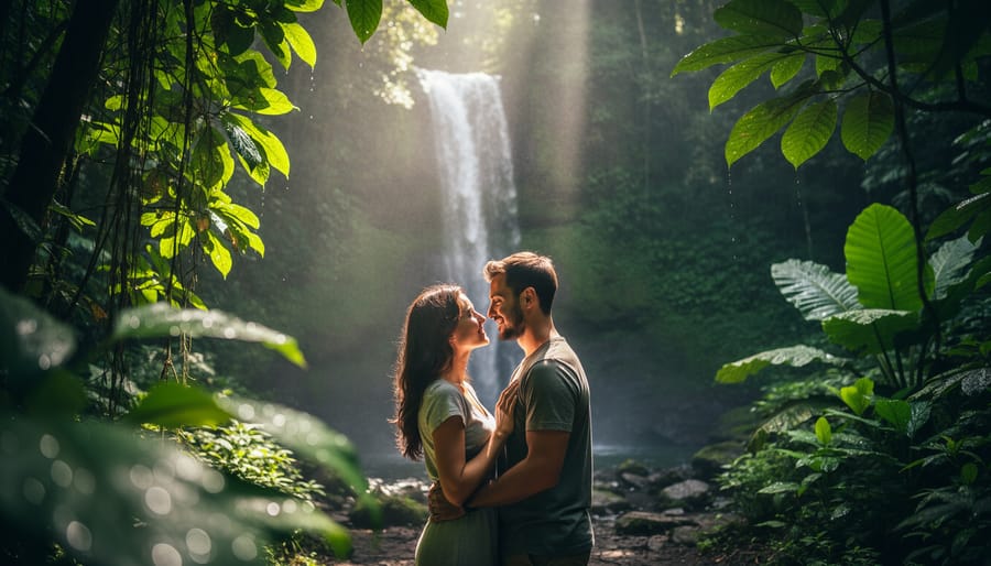Couple holding hands in a Costa Rican rainforest with lush greenery and waterfall mist in the background.