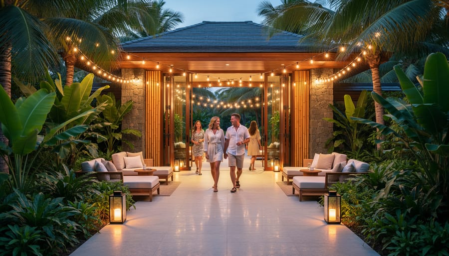 Wedding guests arriving at a Costa Rican boutique resort entrance with tropical plants and warm string lights.