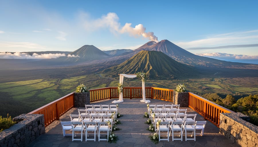 Wedding chairs and floral décor on a Costa Rican highland terrace overlooking a volcano and cloud layers.
