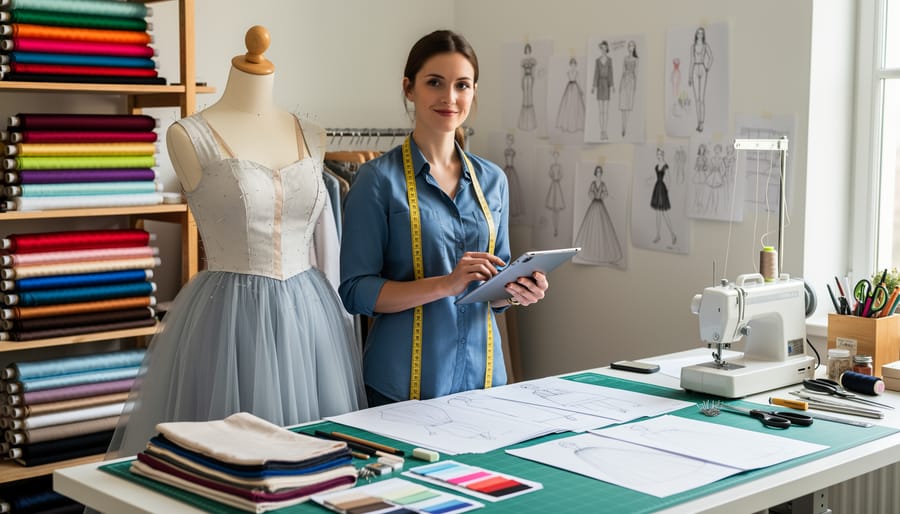 Environmental portrait of a young dress designer sitting on a studio floor with fabric bolts and sewing tools around her near a window.