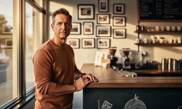 An entrepreneur in a cozy cafe captured in environmental portrait style, with warm golden-hour light and softly blurred everyday details behind them.
