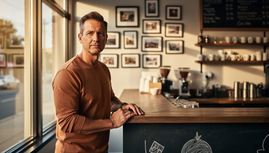 An entrepreneur in a cozy cafe captured in environmental portrait style, with warm golden-hour light and softly blurred everyday details behind them.