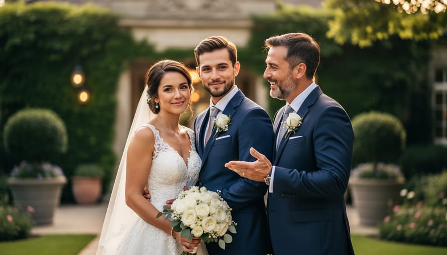 Couple in wedding attire photographed in golden hour light at an outdoor venue.