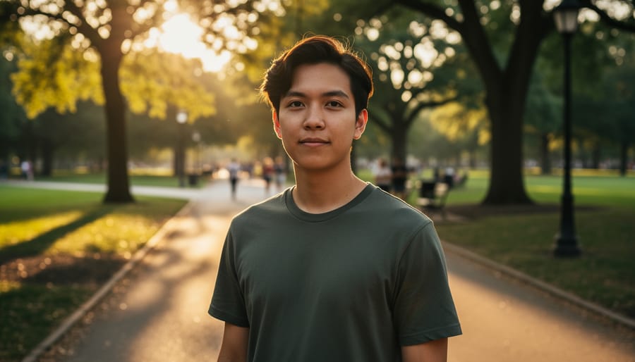 Environmental portrait of a musician holding a guitar near a park bench during golden hour with trees blurred in the background.