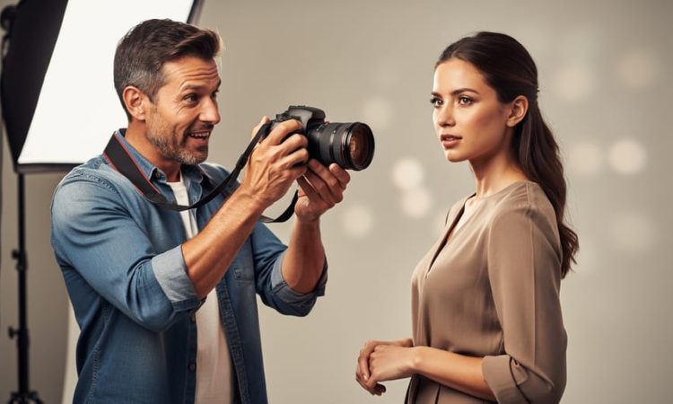 Photographer coaching a model during a studio portrait session with softbox lighting and a camera setup in the background.