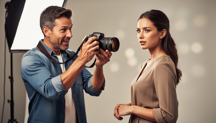 Photographer coaching a model during a studio portrait session with softbox lighting and a camera setup in the background.