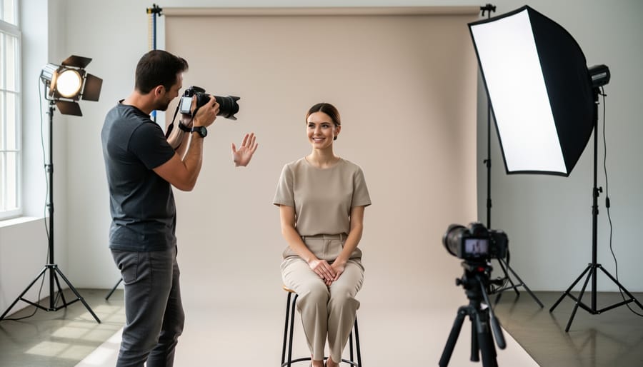 Photographer setting up a portrait with camera and reflector while the subject holds a relaxed pose.