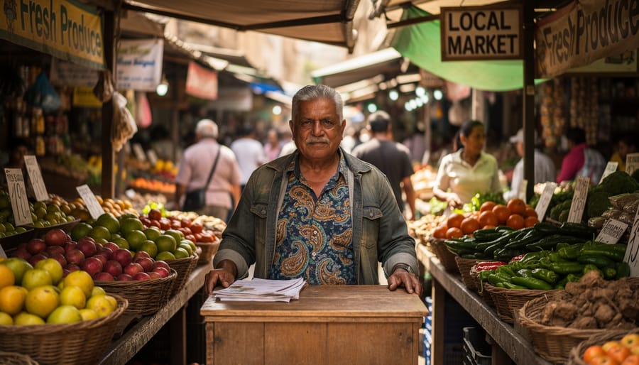 Environmental portrait of a street vendor adjusting produce on a market cart under an overcast sky with a blurred market background.