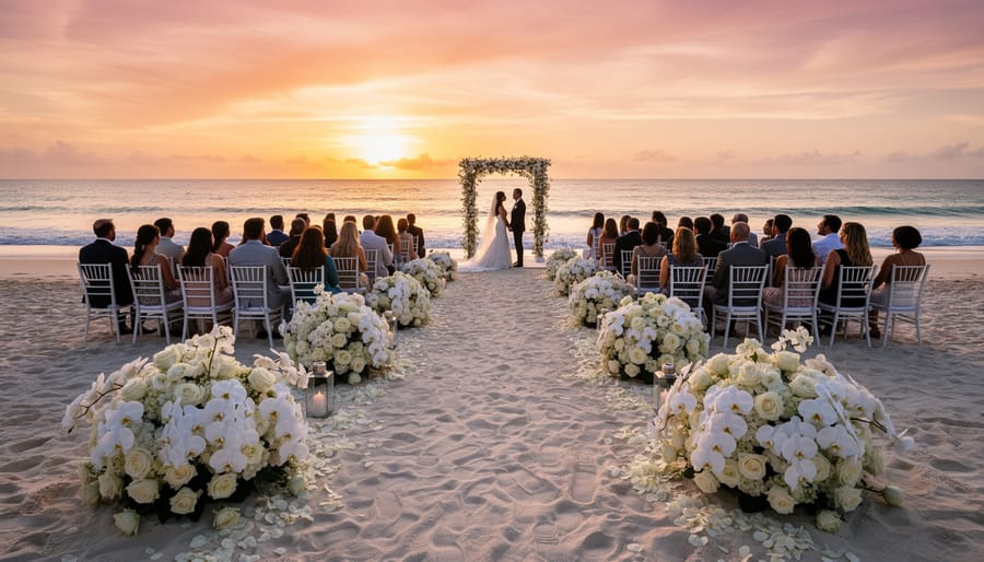 Wedding ceremony on Sugar Beach with a white sand aisle, ocean waves, and sunset lighting.