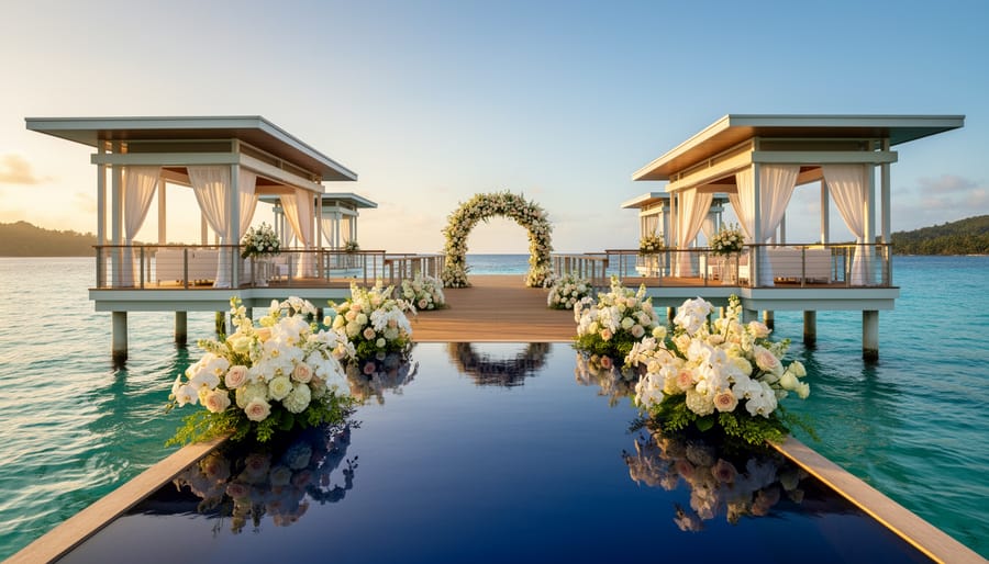 Overwater gazebo and pier with wedding decor over turquoise water at Sugar Beach.
