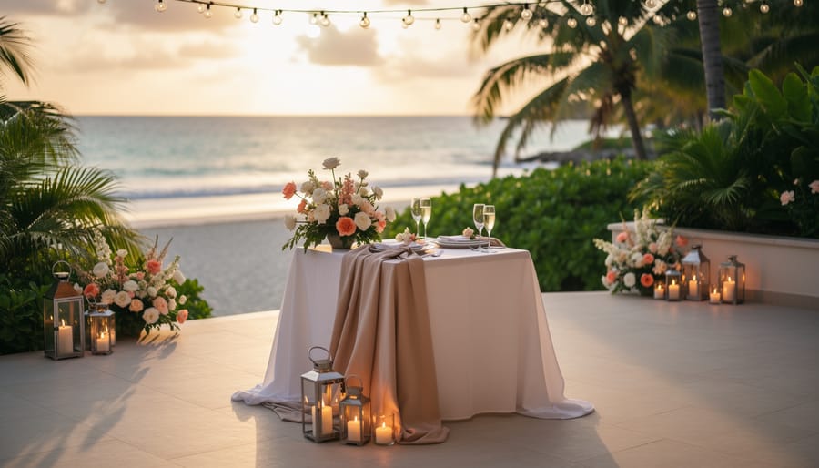 Intimate wedding table with candles and tropical centerpieces on a villa terrace at Sugar Beach.