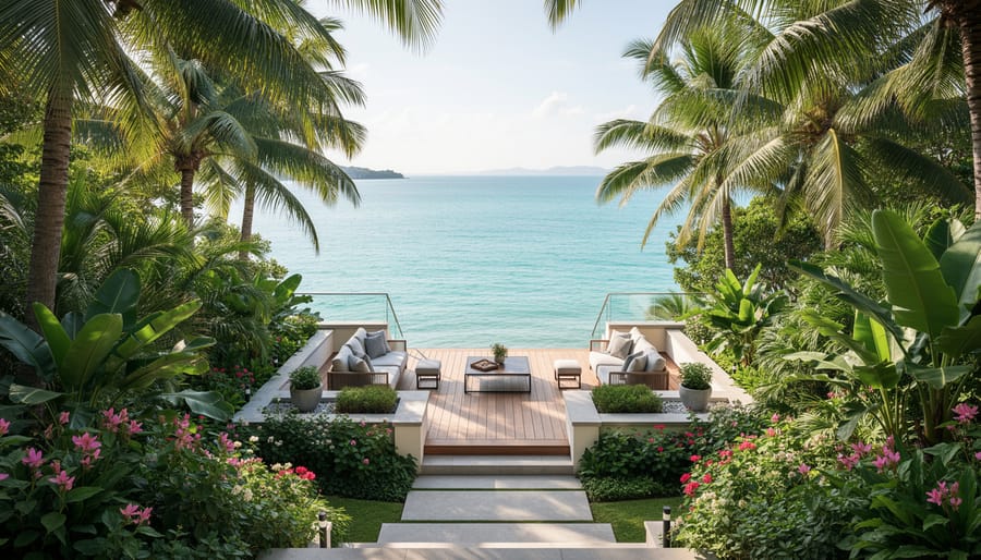 Tropical resort garden and terrace wedding setup with ocean view at Sugar Beach.