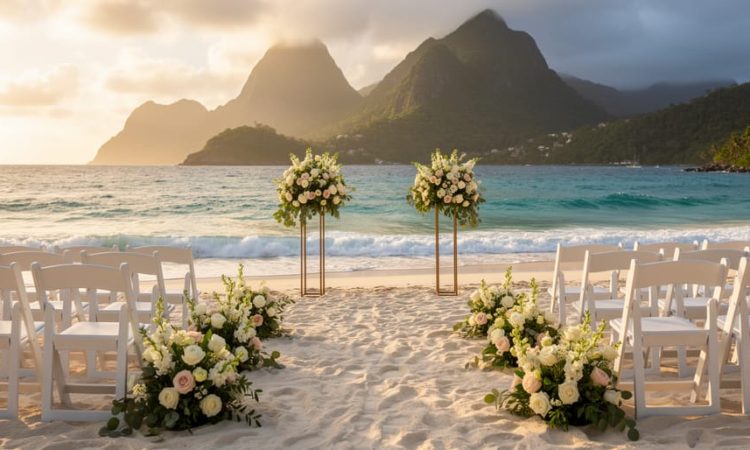 White sand beach wedding setup at Sugar Beach, St. Lucia with chairs and flowers facing turquoise water, framed by the Pitons and rainforest mountains in golden hour light.