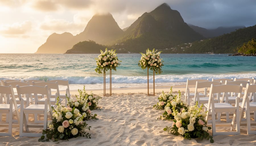 White sand beach wedding setup at Sugar Beach, St. Lucia with chairs and flowers facing turquoise water, framed by the Pitons and rainforest mountains in golden hour light.