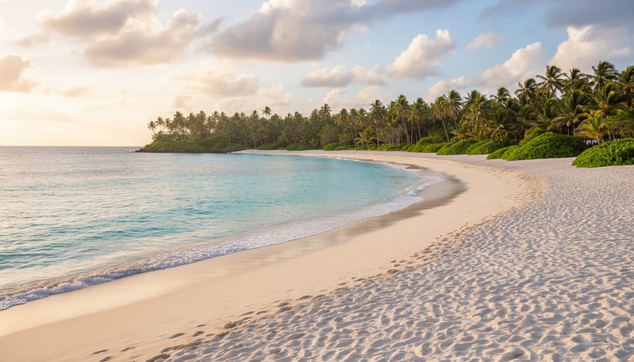 Wide scenic view of Sugar Beach with white sand and turquoise water.
