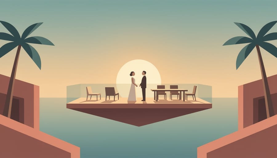 A couple standing on a warmly lit resort terrace with softly glowing string lights and an intimate wedding lounge nearby.