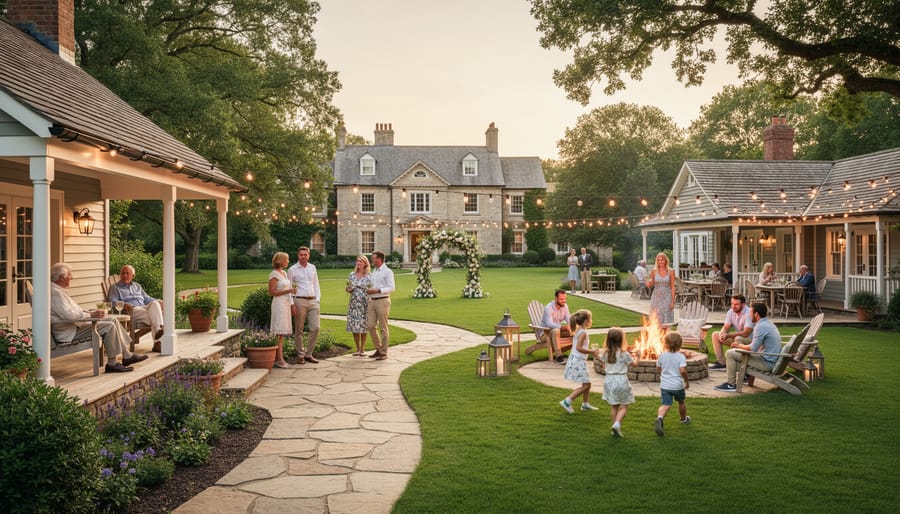 Guests dining together outdoors at a country estate with on-site cottages visible in the background