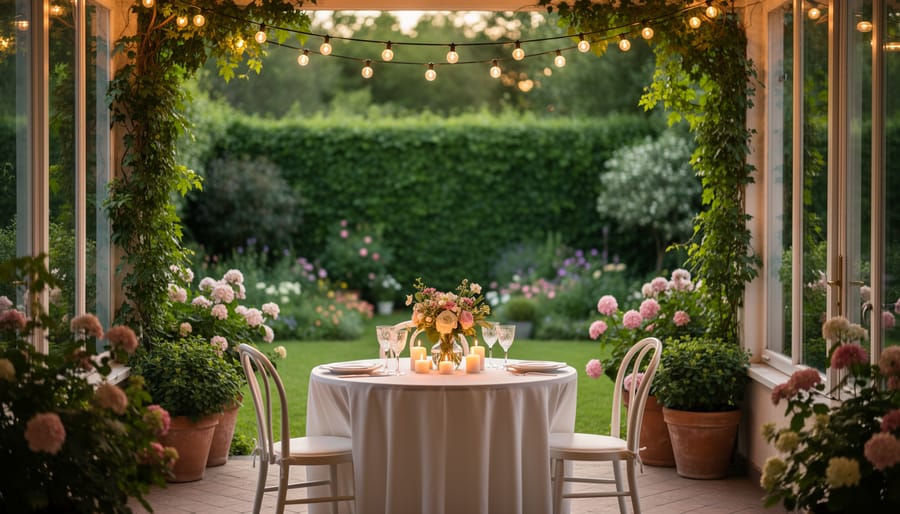 A garden-room style wedding venue with greenery, florals, and intimate ceremony seating.