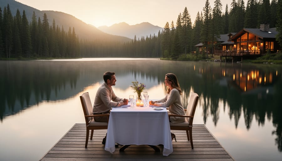 Wedding dining tables on a lodge terrace overlooking a calm lake at golden hour