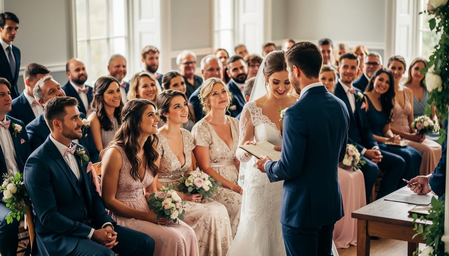 A small indoor wedding ceremony with guests seated closely together and the couple at the altar.