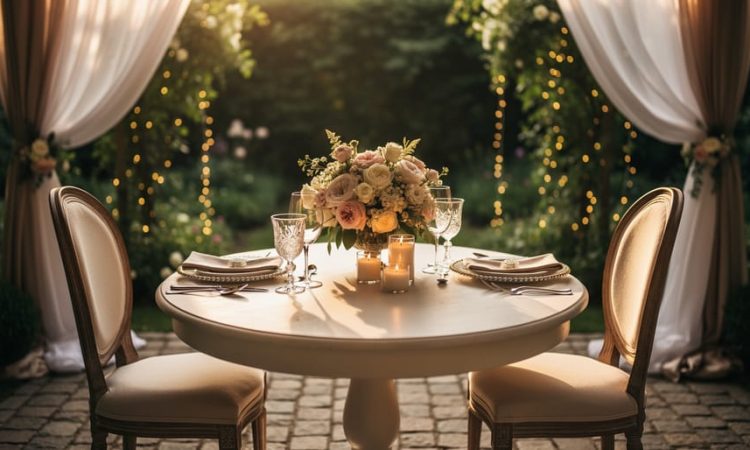 Intimate wedding venue with a sweetheart table, floral centerpiece, and candlelit place settings in a softly lit garden room.
