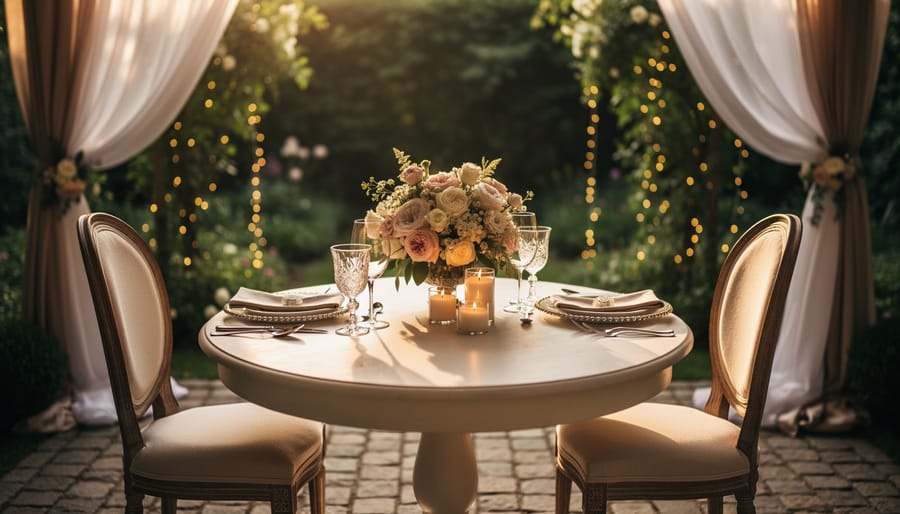 Intimate wedding venue with a sweetheart table, floral centerpiece, and candlelit place settings in a softly lit garden room.